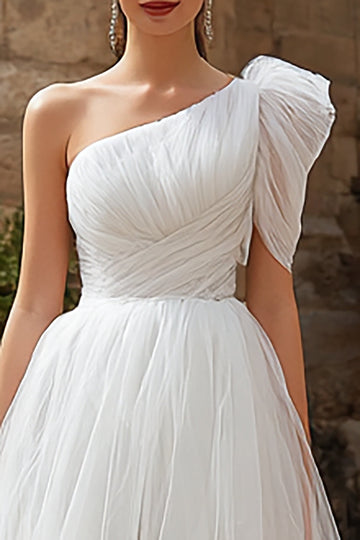 Tulle ivoire une ligne une épaule haute basse robe de mariée